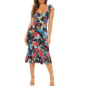 Piamita Black Floral Silk Midi Dress Size Small